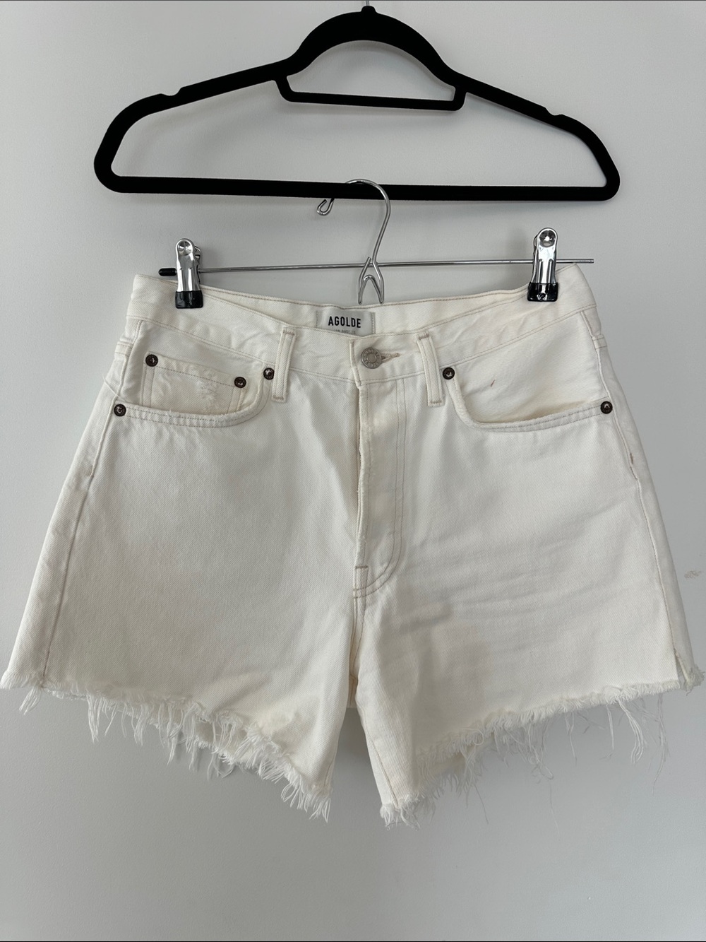 Agolde White High-Rise Frayed Hem Denim Shorts